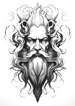 Tattoo template of a mystical deity with flowing hair and intense eyes surrounded by ethereal swirls