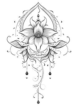 Tattoo template of a detailed lotus flower with intricate designs and droplets symbolizing purity and grace