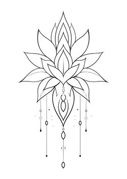 Tattoo template of a lotus flower with intricate design and hanging elements representing purity and enlightenment