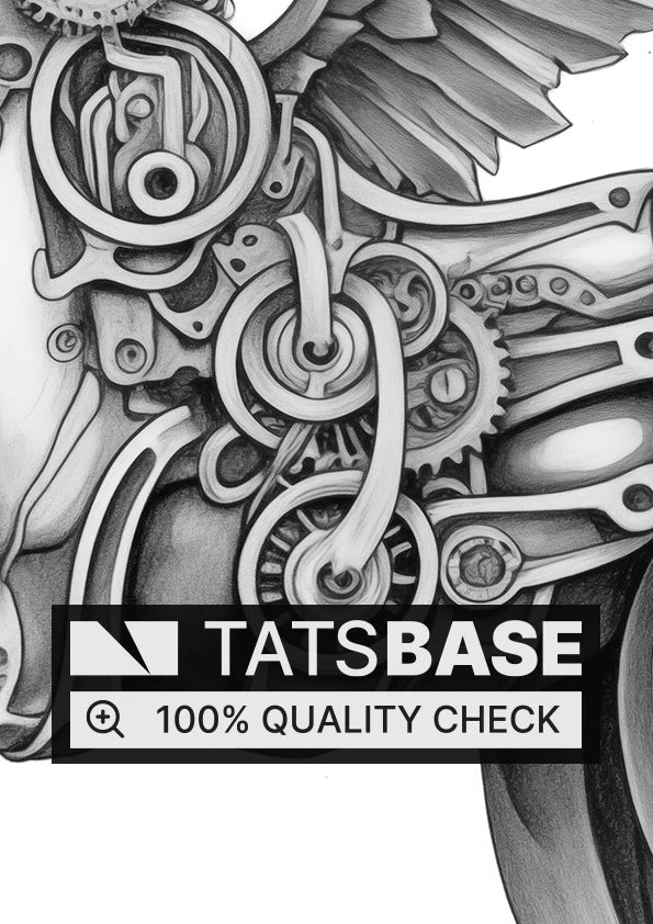 Tattoo template of a mechanical Pegasus with gears and metallic wings, blending fantasy and steampunk elements.