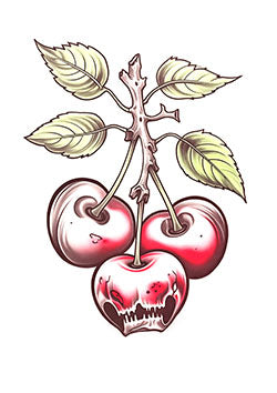 Tattoo template of a cherry branch with hidden skull in fruit, blending vibrant life and mortality