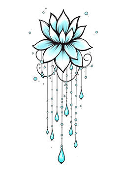 Tattoo template of a blue lotus flower with droplets, symbolizing serenity and elegance.