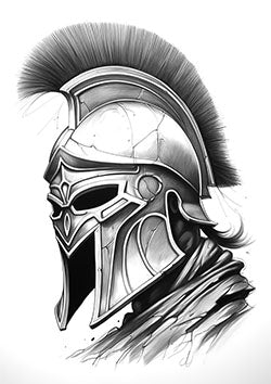 Tattoo template of a Roman warrior helmet with intricate patterns and a plume symbolizing strength and honor