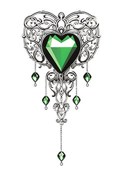 Tattoo template of a heart-shaped emerald with ornate filigree and dangling gemstones