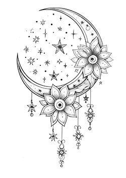 Tattoo template of a crescent moon with flowers and stars surrounding it