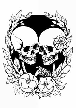 Tattoo template of a skeleton pair surrounded by flowers and foliage, symbolizing eternal love