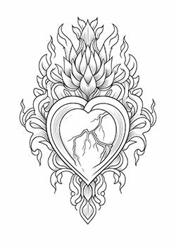 Tattoo template of a cracked heart in flames with a lotus design