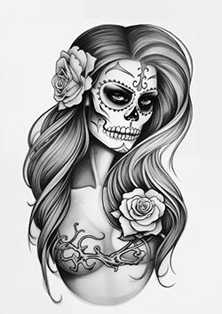 Tattoo template of a woman with sugar skull face and roses for Dia de los Muertos