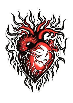 Tattoo template of a vibrant anatomical heart with flames, symbolizing passion and energy