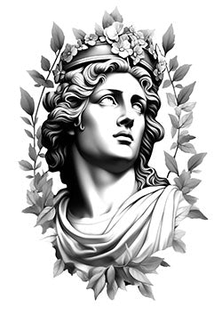 Tattoo template of a classical statue with a floral crown looking skyward