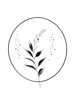 Tattoo template of a botanical sprig within a circular frame