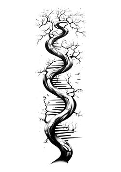 Tattoo template of a double helix fused with tree branches, representing nature and science intertwined.