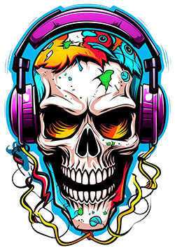 Tattoo template of a colorful skull with headphones and fish design