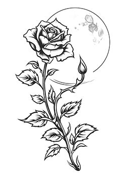 Tattoo template of a rose with a moon in the background