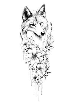 Tattoo template of a majestic wolf surrounded by delicate flowers