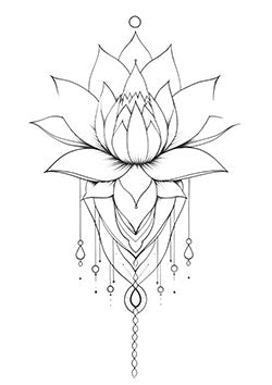 Tattoo template of a detailed lotus flower with geometric patterns and hanging elements