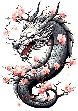 Tattoo template of a dragon with cherry blossoms