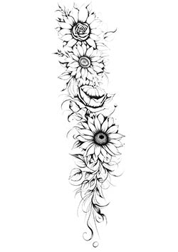 Tattoo template of a vertical arrangement with sunflowers, roses, and delicate leaves