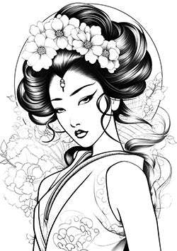 Tattoo template of an Asian woman surrounded by flowers