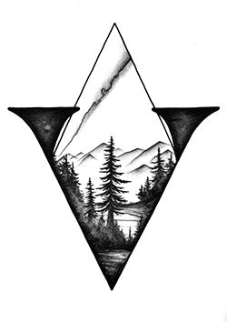 Tattoo template of a serene mountainscape with trees within geometric shapes