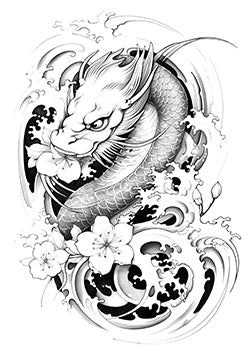 Tattoo template of a dragon with cherry blossoms and water waves.