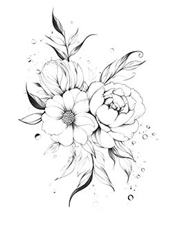 Tattoo template of a detailed floral bouquet with delicate leaves and intricate petals