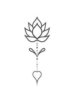 Tattoo template of a minimalist lotus flower linked to a heart by a chain of dots, symbolizing purity and love