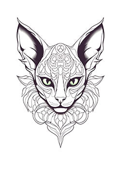 Tattoo template of a cat with mandala designs and green eyes