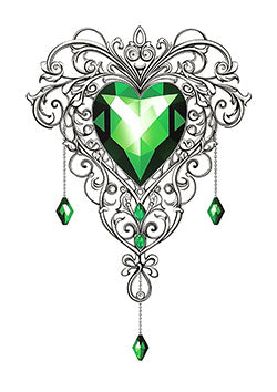 Tattoo template of a heart-shaped emerald gem with intricate scrollwork and dangling emerald crystals