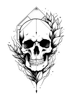 Tattoo template of a skull with floral elements and geometric design.