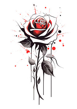 Tattoo template of a rose in red and black with dramatic ink splashes