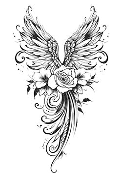 Tattoo template of a bird's wings with a rose surrounded by flourishes