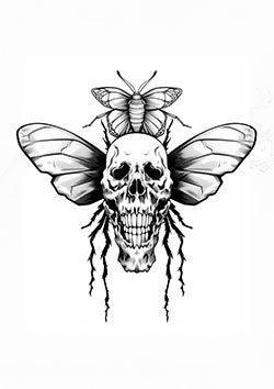 Tattoo template of a skull with butterfly wings and a beetle on top