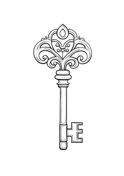 Tattoo template of a beautifully ornate vintage key with intricate swirls