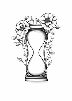 Tattoo template of a timeless hourglass with blooming flowers and leaves