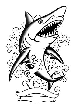 Tattoo template of a shark emerging from waves in bold black and white