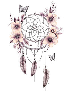 Tattoo template of a dreamcatcher with flowers, feathers, and butterflies, symbolizing elegance and grace.