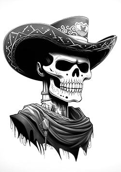 Tattoo template of a skeletal cowboy with an ornate hat and scarf, evoking a mystique of the Wild West