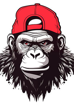 Tattoo template of a fierce gorilla wearing a red cap, showcasing urban strength and confidence