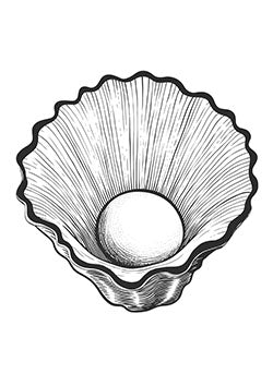 Tattoo template of a detailed oyster shell with a pearl inside symbolizing beauty and hidden treasures