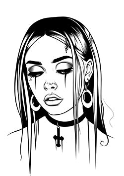 Tattoo template of a woman with tears of ink and detailed piercings, in a gothic style