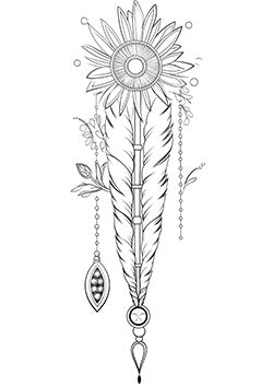 Tattoo template of a sunflower with feathers and beadsfor a touch of nature and elegance.