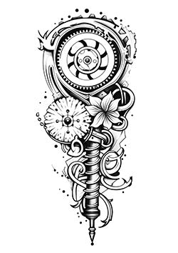 Tattoo template of a mechanical gear intertwined with flowers and vines, representing harmony between nature and technology