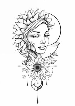 Tattoo template of a serene woman surrounded by sunflowers representing beauty and growth