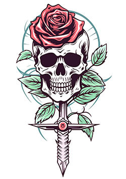 Tattoo template of a skull with a rose and sword entangled in leaves