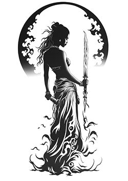 Tattoo template of a woman warrior with a spear under a crescent moon