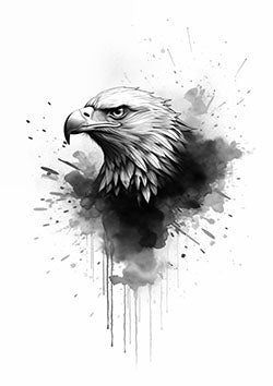 Tattoo template of an intense eagle head with detailed feathers and ink splatter