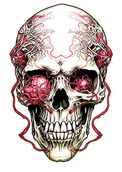 Tattoo template of a detailed skull with red neural circuitry entwined