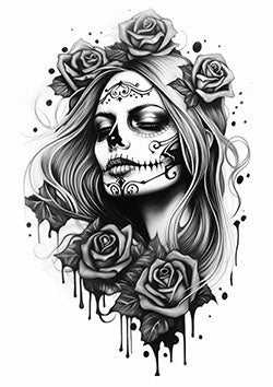 Tattoo template of a woman with sugar skull face paint and roses all around her.