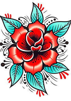 Tattoo template of a colorful and bold traditional red rose with green leaves